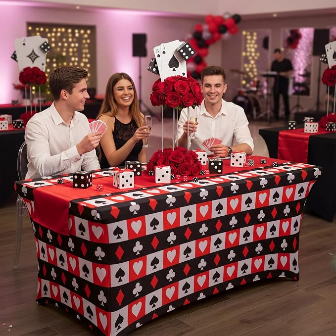 Frienda 1 Pcs Casino Theme Party Decorations Tablecloth Spandex Stretch Red and Black Poker Tablecloth 71 x 30'' Casino Themed Table Cover for Poker Game Playing Card Birthday Party Supplies
