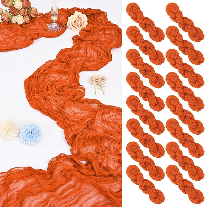 16 Pack 10Ft Cheesecloth Table Runner Orange, 20 x 120 Inch Rustic Gauze Boho Cheese Cloth Table Runners Wedding Long Table Runner for Wedding Party Bridal Shower Table Decoration