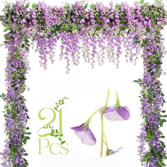 Crowye 21 Pcs 7.2ft/pcs Artificial Flowers Wisteria Garland Artificial Wisteria Vine Hanging Flower Decorations Flower Vines for Outdoor Wedding Wall Arch Party Backdrop Floral Decor (Purple Blue)