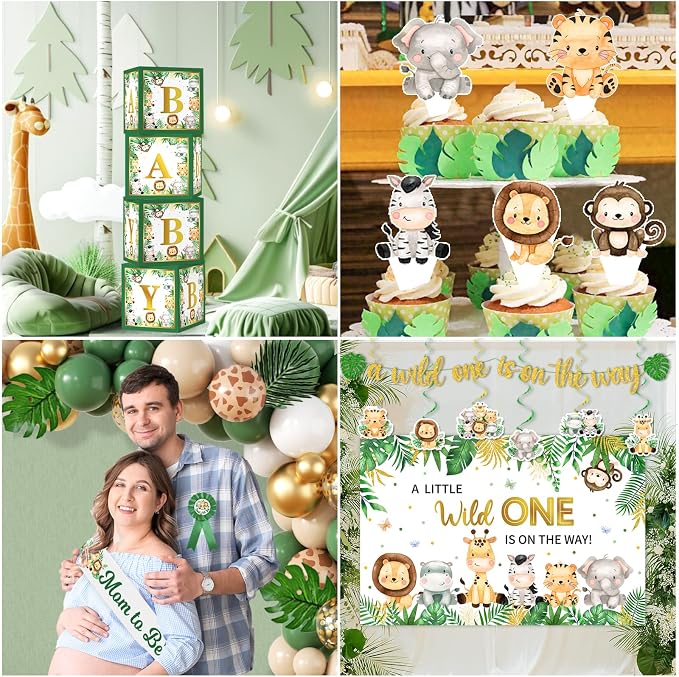 Safari Baby Shower Decorations,262pcs Wild Birthday Decorations Jungle Baby Shower Decorations Plates and Napkin Cups Backdrop Banner Tablecloth Balloons Garland Boxes,Serves 20