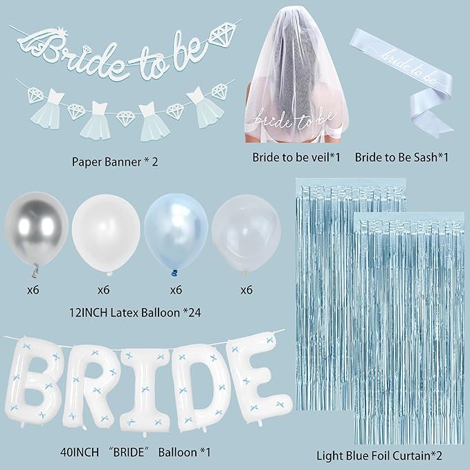 Holkcog Blue Bachelorette Party Decorations, Bride to Be Bridal Shower Decorations, Bride to Be Banner, Bridal Shower Tiara, Sash&Veil, Fringe Curtains, Blue and White Bachelorette Party supply