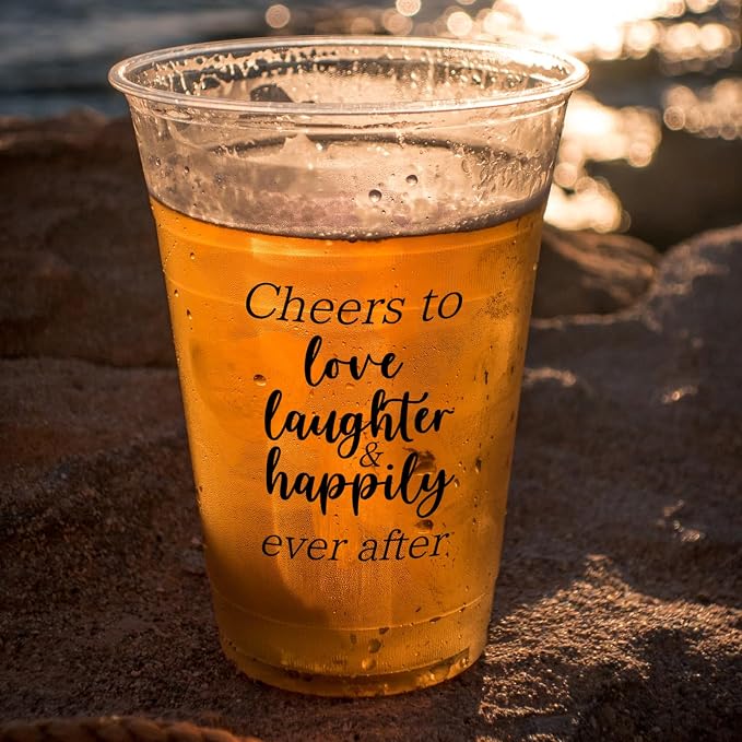 100 Pack Disposable Wedding Plastic Cups 12 oz Mr and Mrs Cheers to Love Cups Drinking Cups for Engagement Bridal Shower Wedding Anniversary Decorations