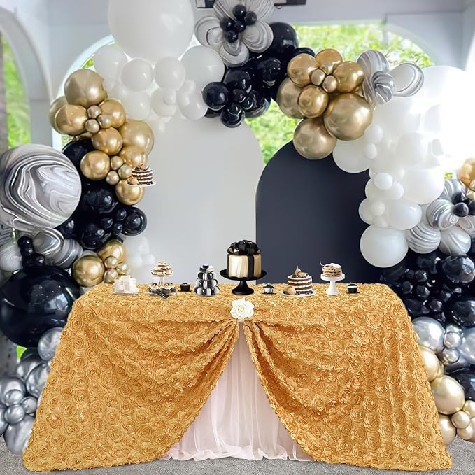 Fanqisi Gold Rosettes Tablecloth 50x80 Inches Gold Satin Table Cover for Party Wedding Baby Shower Event Table Decoration