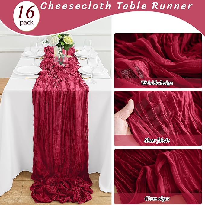 16Pack Burgundy Table Runner 10FT Burgundy Cheesecloth Table Runner 35x120Inch Long Boho Table Runners Rustic Gauze Table Runners for Party Wedding Bridal Shower Baby Shower Decorations