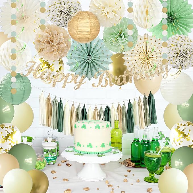 48 Pcs Sage Green Birthday Decorations for Women Girls, Happy Birthday Banner, Cream Neutral Balloons, Tassel Garland, Peach Paper Lanterns, Tissue Pom Poms Fan, Rustic Backdrop Decor