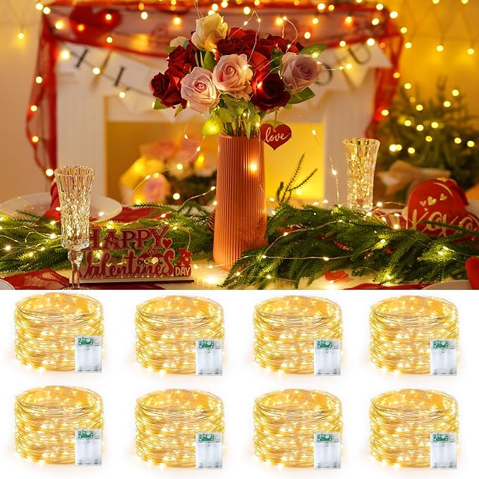 YEGUO Fairy Lights Battery Operated, 8 Packs Each 16ft 50 LED String Lights, Christmas MIni Lights Indoor for Bedroom Wedding Party Holiday Gift(Warm White)