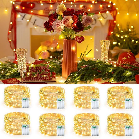 YEGUO Fairy Lights Battery Operated, 8 Packs Each 16ft 50 LED String Lights, Christmas MIni Lights Indoor for Bedroom Wedding Party Holiday Gift(Warm White)