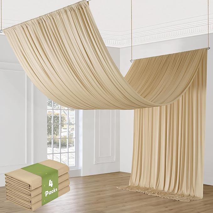 4 Panels 5x20ft Beige Ceiling Drapes for Wedding Parties, Wrinkle Free Thick Polyester 20ft Extra Long Wedding Draping Beige Ceiling Curtains Arch Drapery for Birthday Party Canopy Tent Decor