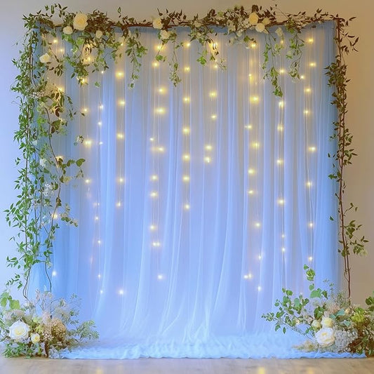 Baby Blue Tulle Backdrop Curtain with Lights - 10x8ft Sheer Backdrop with 250 LEDs for Wedding, Baby Shower, Bridal Shower, Birthday Party Photo Shoot Background and Home Decorations