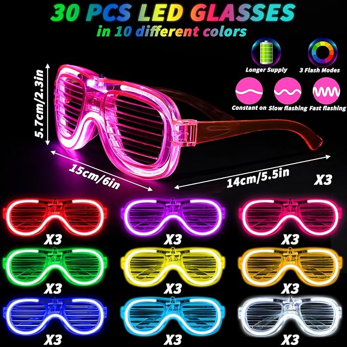 44 Pcs Glow in the Dark Party Supplies 20 LED Light Up Glasses 24 Glow Sticks LED Party Favors Light Up Pop Tubes Flash Glasses LED Bracelet Necklace for Birthday Wedding Goodie Bag