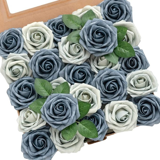 Ling's moment Artificial Flowers 50Pcs Dusty Blue & Navy Roses Decor w/Stems,3" DIY Foam Floral for Wedding Bouquet/Centerpieces, Outdoors Party Backdrop, Room/Table, and Garden/Pot Decor