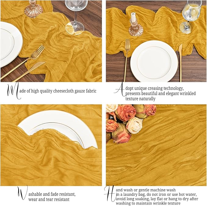 12 Pack Gold Table Runner 10Ft Cheesecloth Table Runner Rustic Gauze Table Runners Romantic Long Sheer Fabric Cheese Cloth Table Runners for Wedding Party Bridal Baby Shower