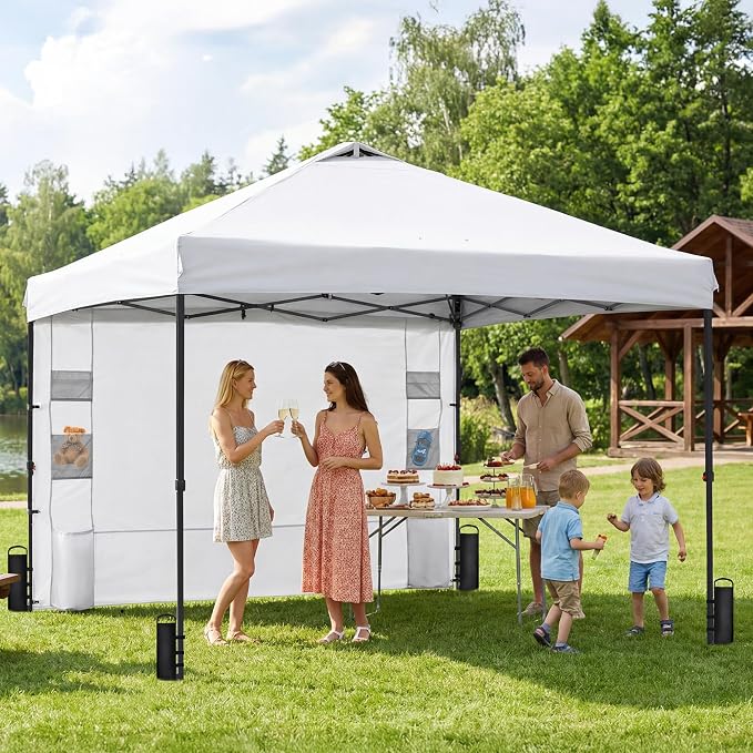 GAFETE 10×10 Pop Up Canopy Tent with 1 Pockets Sidewall, Easy up Sun Shade with One Push Setup, Portable Instant Outdoor Canopy Tent for Events Parties Camping with Carrying Bag (White, 10x10 FT)