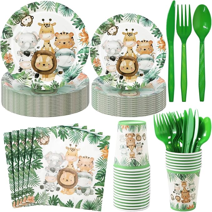 Ziliny 280 Pcs Jungle Safari Animal Paper Plates and Napkins Paper Cups Plastic Knives Forks Spoons Disposable Tableware Set for Baby Shower Safari Theme Birthday Party Supplies, Serve 40
