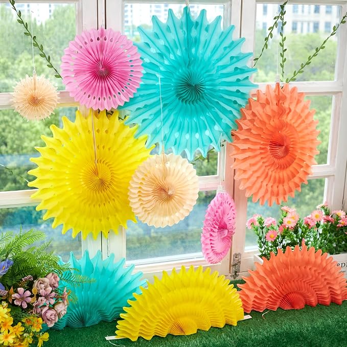 SUNBEAUTY Pack of 11 Peach Pink Yellow Mint Green Hanging Honeycomb Round Paper Fans for Birthday Baby Shower Bachelorette Anniversary Wedding Photo Booth Backdrop Party Decoration