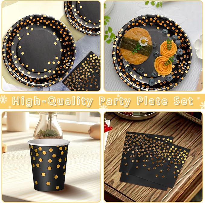 Nkaiso 193 Pcs Black Gold Paper Plates and Napkins Party Supplies Sets Include Black Party Plate Cup Napkin Plastic Cutlery for Baby Shower, Wedding, Birthday Decoration -24 Guest