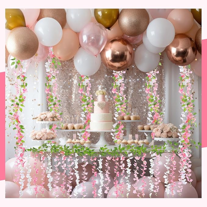 Thiccywoov 8pcs Wisteria Artificial Flowers Garland, 7.2Ft/Piece Wisteria Hanging Flowers Garland for Wedding Arch Decoration Outdoor Ceremony Home Backdrop Garden (Pink,Dark Pink,White)