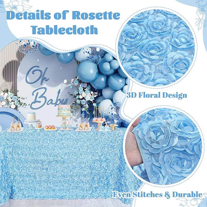 B-COOL Light Blue Rosette Tablecloth 3D Floral Satin Rectangle Table Overlay 60x102 Inch for Baby Shower Wedding Birthday Party Ceremony Floral Table Cloth
