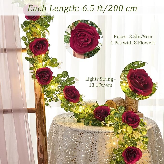 Dolicer 2Pcs 13Ft Artificial Eucalyptus Garlands with Flowers - 8 Roses, Faux Floral Greenery Garlands with 13Ft String Lights Fake Flowers Vines for Wedding Table Centerpieces Arch Party Decor (Red)
