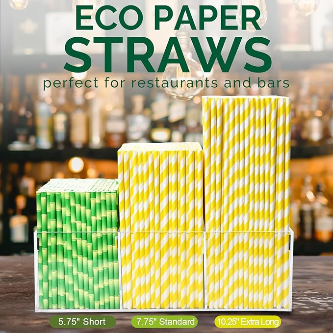 Yellow White Striped Paper Drinking Straws, 10.25 Inch Long, 0.24" Dia. - For Cocktail, Soda, Tall Bottles - 100 PCS