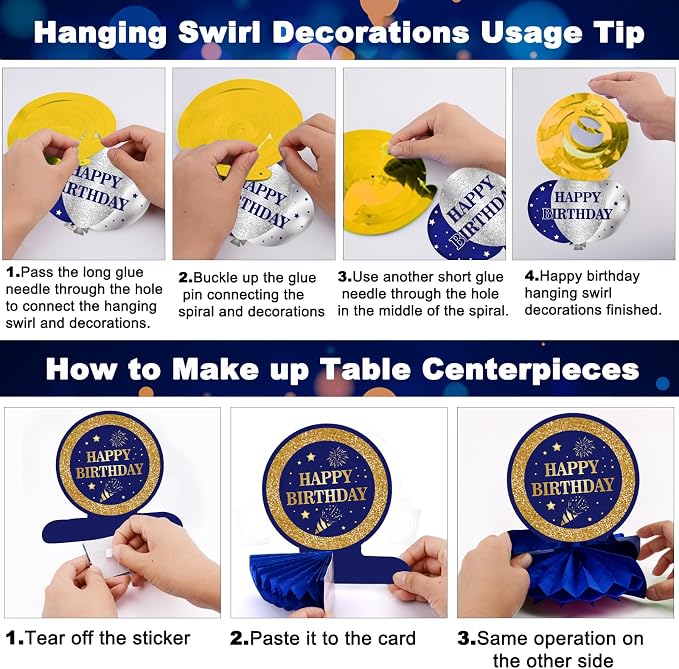 Blue and Gold Birthday Decorations, Brithday Party Decorations for Men Boys Women Girls with Blue Gold Happy Birthday Banner Decorations Tablecloth Backdrop Balloons Arch Bady Party Supplies