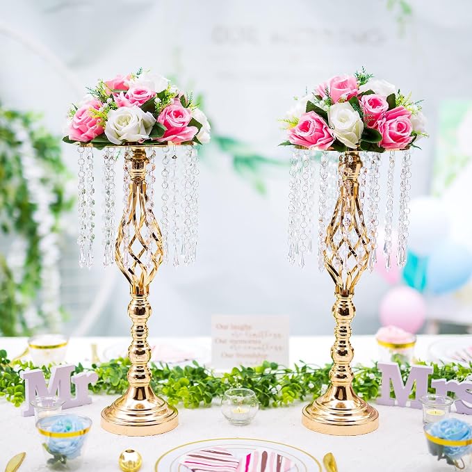 Gold Vases Centerpieces for Table: 19.3" Tall Flower Stand with Crystal Patent for Wedding Center Piece Party Event Set of 2