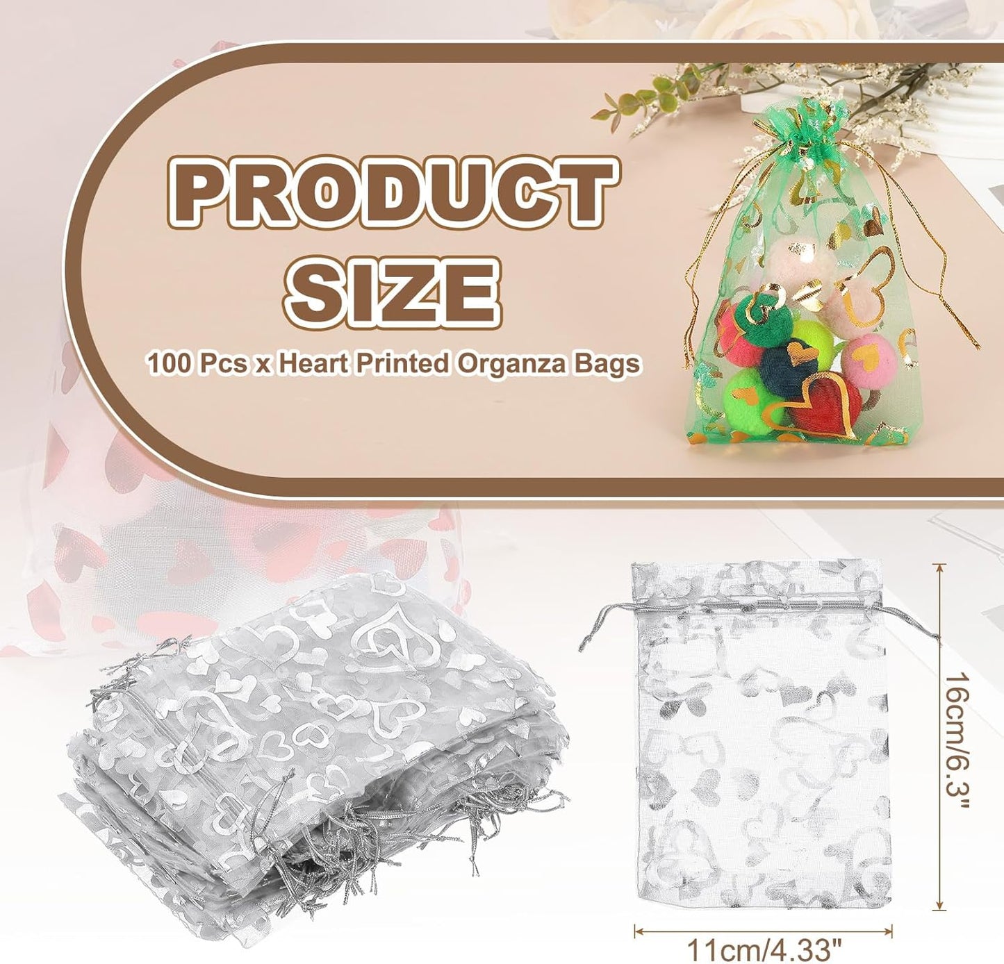PATIKIL 100 Pcs 4x6 Inch Heart Printed Organza Bags, Silver Sheer Heart Organza Bags with Drawstring for Christmas Candy Jewelry Party Wedding Favor Gift