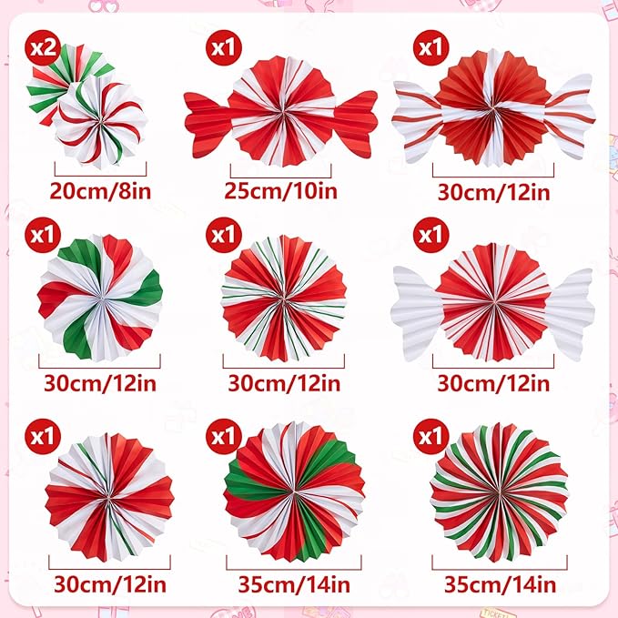 SUNBEAUTY Christmas Hanging Paper Fans Decoration Candy Peppermint Paper Christmas Decoration Candy Party Classroom Decor White and Red Xmas Ceiling Birthday Party Bulletin Board Office Decor
