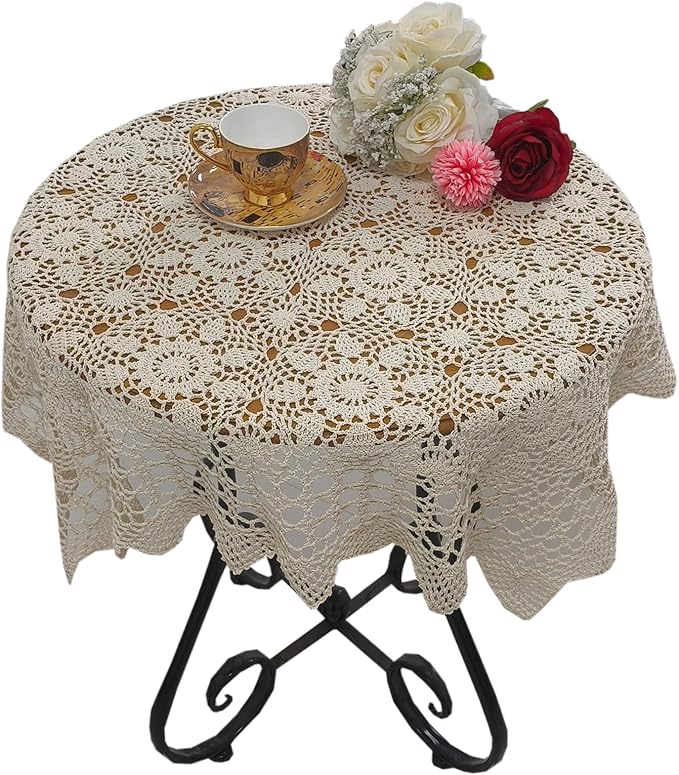 USTIDE 100% Cotton Handmade Crochet Square Tablecloth Beige Doilies Lace Table Covers 31.5 Inch