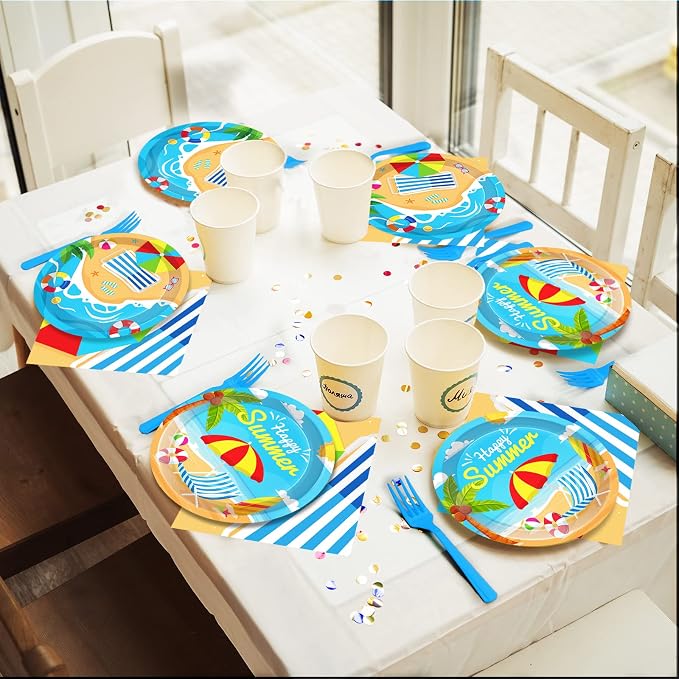 50 Guests Beach Plates and Napkins Party Supplies Summer Birthday Party Decorations Disposable Tableware Set Beach Dinnerware Favor for Kids, 200PCS