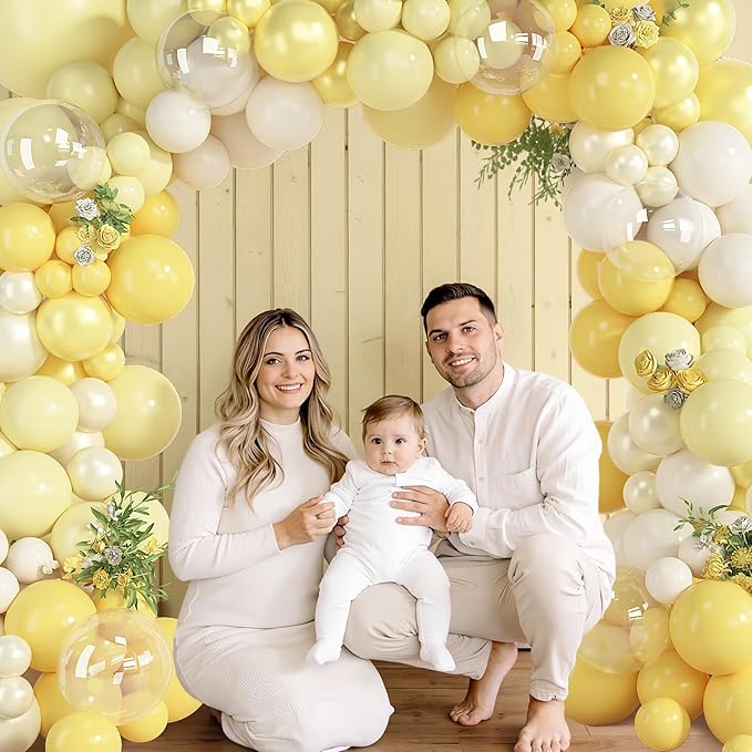 Amandir 173 Pcs Yellow Balloon Arch Kit, Double Stuffed Pastel Light Yellow Pearl White Sand Clear Balloons for Bee Lemon Wedding Bridal Shower Engagement Anniversary Birthday Party Decorations