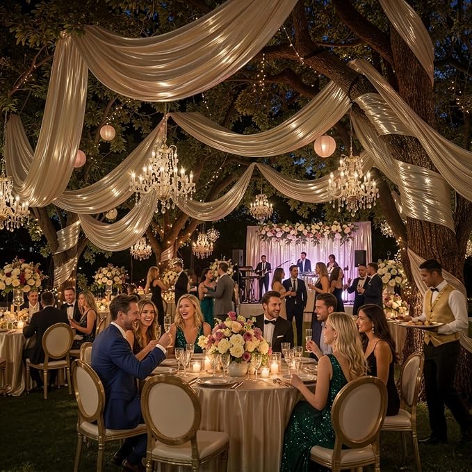50ftx40ft Champagne Gold Ceiling Curtain for Wedding Parties – 10 Panels Wrinkle-Free 40 FT Long Tent Draping Curtains for Wedding, Birthday & Theme Parties, 40ft Height with Rod Pocket