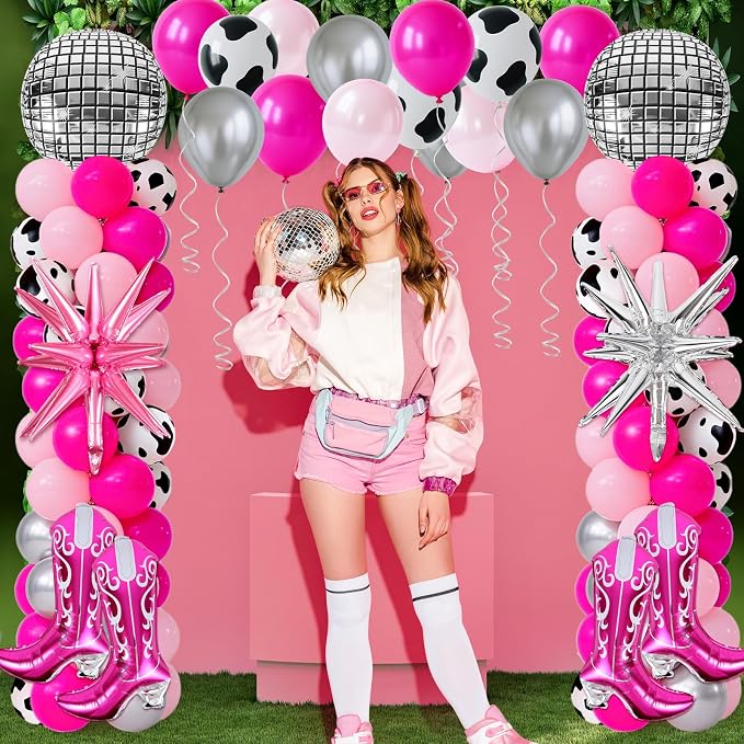 2 Sets Disco Cowgirl Balloon Column Stand Kits Adjustable Pink Balloons with Disco Ball Explosion Star Cowgirl Boot Themed Tower Stand Kit for Western Party My First Rodeo Baby Shower Decorations
