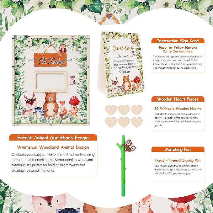 Woodland Baby Shower Decorations,Woodland Animals Baby Shower Guest Book Alternatives with Monkey Pen,Photo Frame and 60 Heart Wood Slices for 60 Guests,Gender Reveal Decorations