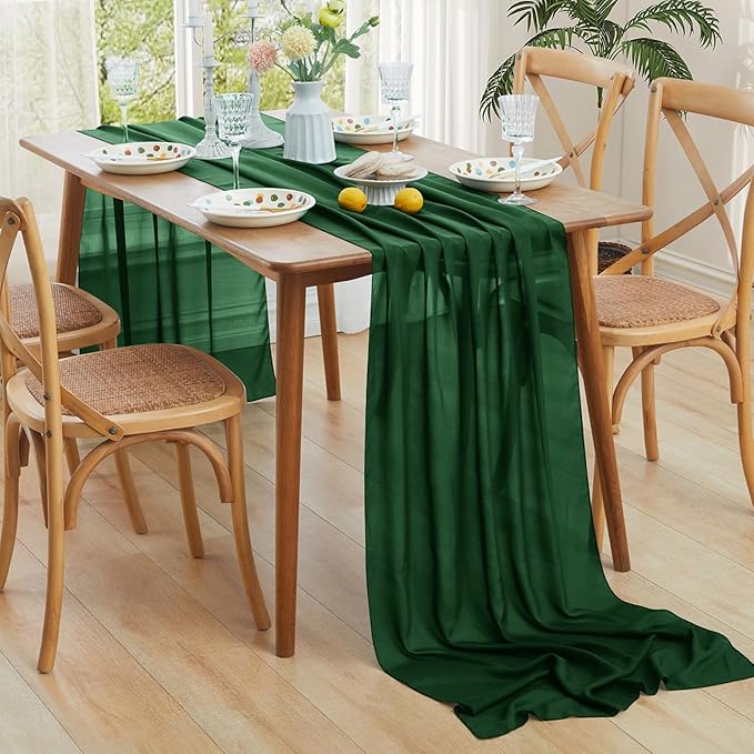 Horbaunal 2 Pack Dark Green Chiffon Table Runners 10FT Sheer Chiffon Runner 29x120 Inches Romantic Boho Rustic Table Runner for Wedding Party Bridal Baby Shower Table Decorations