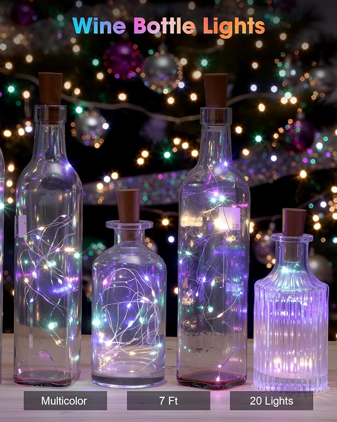 Hortsun 80 Pack Wine Bottle LED Lights with Cork Fairy Mini String Lights Battery Operated Mini Waterproof 7 ft Silver Wire 20 LED Cork Shape for Valentines, DIY, Party, Decor, Wedding (Multicolor)