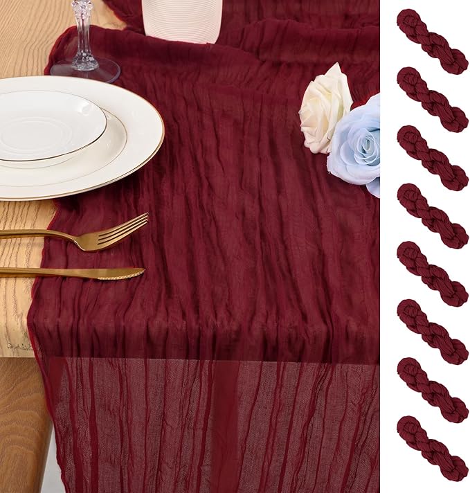 8 Pack 10Ft Cheesecloth Table Runner Burgundy, 20 x 120 Inch Rustic Gauze Boho Cheese Cloth Wedding Long Table Runner for Wedding Party Bridal Shower Decoration
