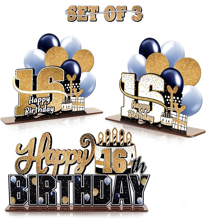 LINGTEER Happy 16th Birthday Gold Acrylic Table Topper Centerpieces Set - Cheers to Sixteen Years Old Birthday 16th Bday Party Gift Decorations.