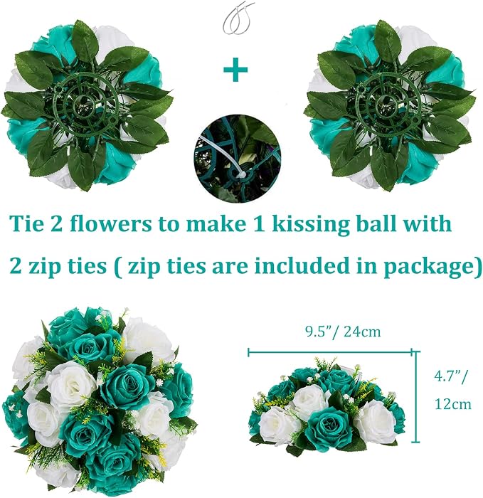 BLOSMON Teal Flowers Ball Decorations: 2 Pcs Fake Roses Table Centerpiece | Artificial Silk Kissing Bouquet Floral Arrangement for Home Party Wedding Event Decor (9.5 inch)