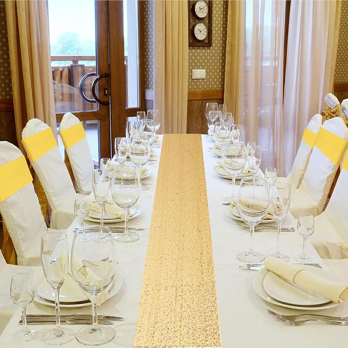 Newwiee 54 Pcs Gold Sequin Chair Sashes and Table Runners, 48 Sequin Chair Bows, 6 Glitter Table Runners for Birthday Party Wedding Banquet Holiday Decorations