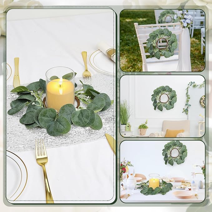 6 Sets Artificial Eucalyptus Candle Rings with LED Flameless Candles - 3 Inch Candle Rings Wreaths for Pillar Wedding Centerpieces Home Table Party Decor