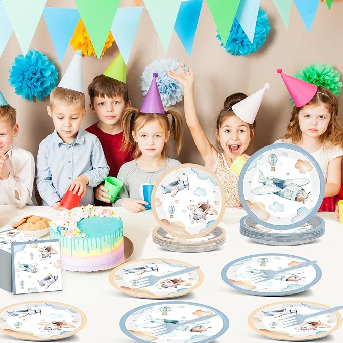 96Pcs Airplane Birthday Party Decorations Airplane Baby Shower Tableware Vintage Plane Plates Napkins Forks Disposable Aviation Theme Party Supplies for Baby Shower Kids Boys Girls Birthday Supplies