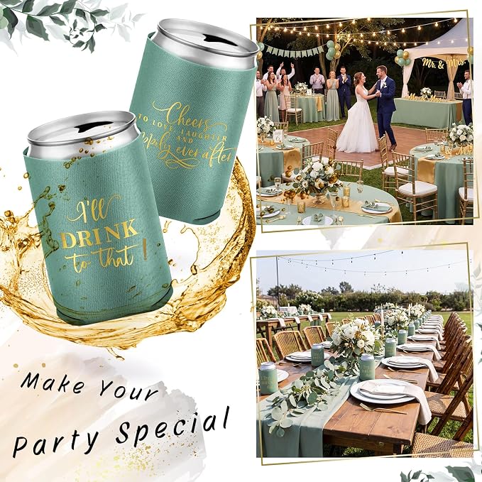 SiliFine 101 Pcs Green Wedding Can Cooler Bulk Engagement Party Favors for 100 Guests Cheers to Love Laughter, and I'll Drink Can Cooler with Wooden Wedding Table Sign Bridal Shower Favor