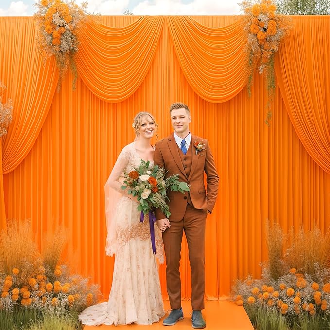 24x10FT Orange Backdrop Curtains for Wedding Parties, Wrinkle Free Polyester Photography Backdrop Drapes for Wedding Baby Shower Birthday Parties Stage Background Stand Decorations 4x10ft,6 Panels