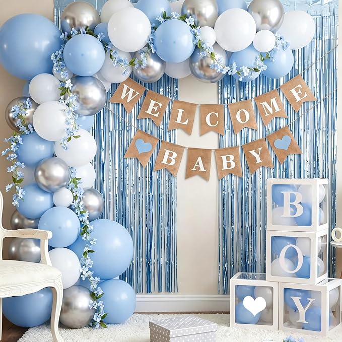 Gemscream 133 Pcs Baby Boy Shower Decorations Set, Burlap Banner, White Baby Boy Boxes, Light Blue Foil Curtains, Blue & White Garland, "Mom to Be" Sash & Balloon Arch Kit Gender Reveal Party Supplies