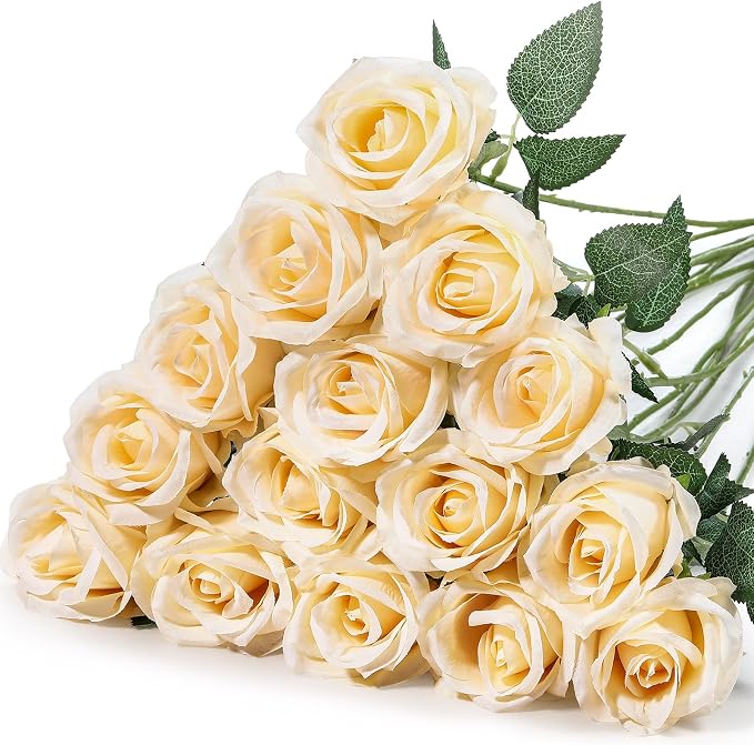 Hotop 20 Pcs Artificial Rose Flowers with Long Stem, Real Lifelike Silk Realistic Plastic Bouquet Roses Bulk for Home Decor Bridal Wedding Party Table Centerpieces Decorations(Champagne)