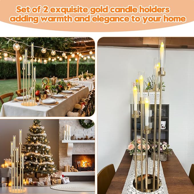 10 Sets 5 Arms Acrylic Candelabra for Tables,42'' Tall Candlesticks Holder with Lampshade,Wedding Centerpieces,Gold Candle Holders for Wedding,Home Decoration Housewarming Gift,Fit LED Candles