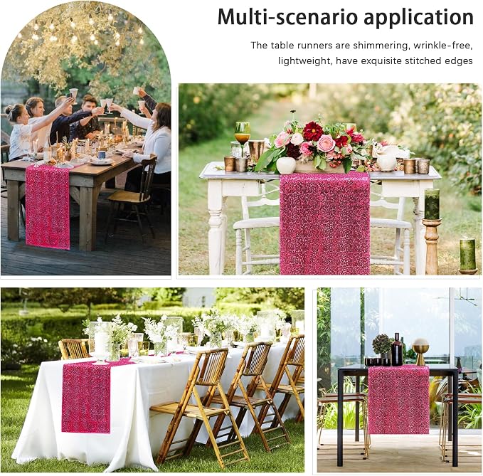 2 Packs 12 x 72 inches Sequin Table Runner, Hot Pink Glitter Table Runner for Birthday Party Supplies Wedding Engagement Baby Shower Holiday Celebration Event Decorations
