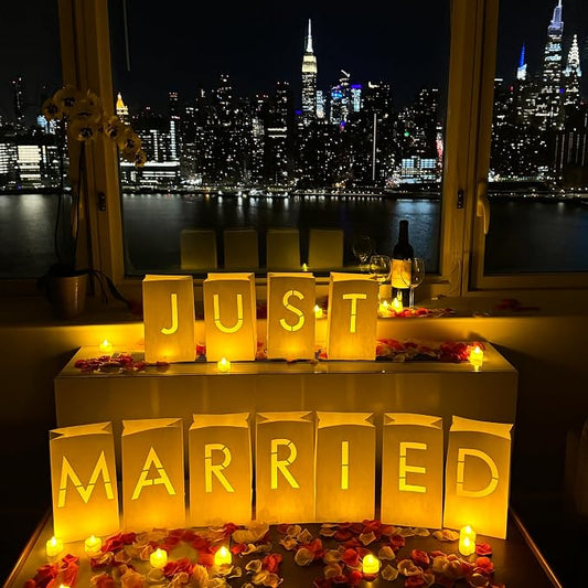 WYMM Just Married Light Up Letters with Tea Lights, Candles and Rose Petals - Luminary Paper Bags for Just Married Banner and Decorations