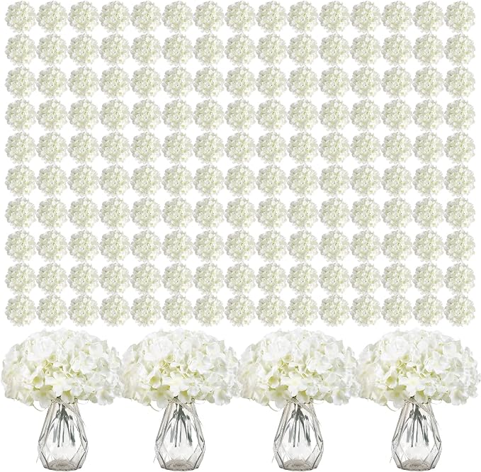 Auihiay 404PCS Hydrangea Artificial Flowers, Silk Artificial Flowers Heads with Stems, Ivory Lifelike Faux Flowers for Wedding Centerpieces, Arch and Background, Party, Home, Baby Shower Decor